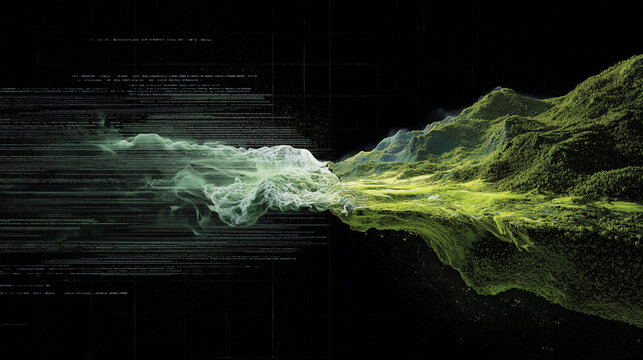Digital data stream dissolving into lush green mountain landscape on black background.