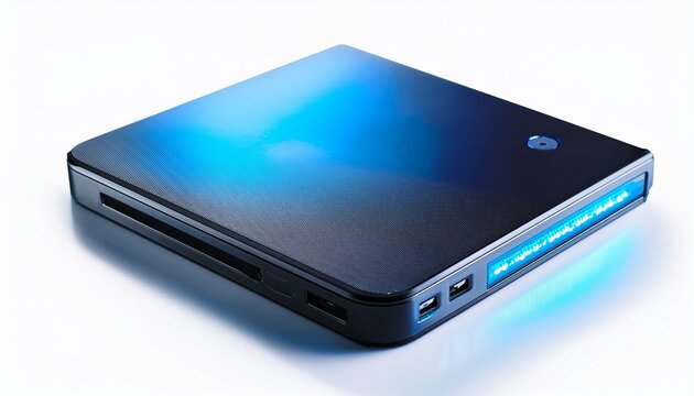portable external hard drive with blue light on white background