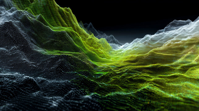 Abstract green and white point cloud terrain wave on black background.
