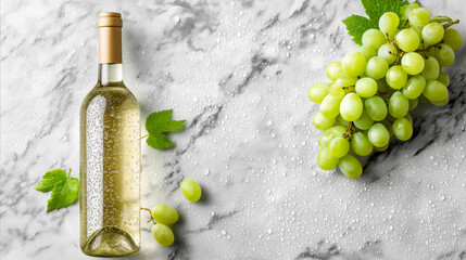 Obraz premium Bottle of white wine with a blank label and green grapes on an elegant marble background. Winemaking, branding, advertising and premium alcoholic beverage concept.