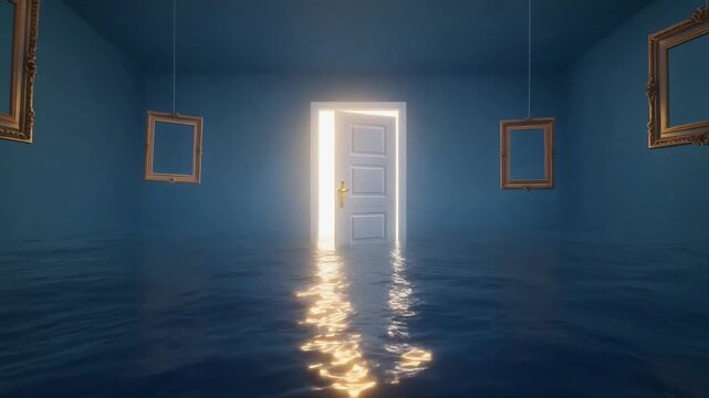 Surreal open door video footage featuring floating golden picture frames above dark rippling water in a mysterious blue room