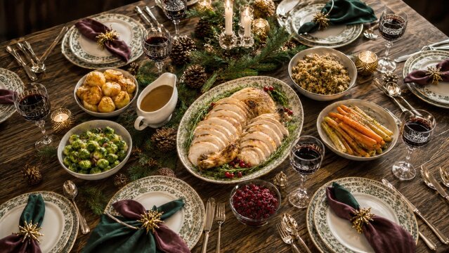 Festliches britisches Weihnachtsdinner
Eleganter Weihnachtstisch mit geschnittenem Truthahn, Rosenkohl, Kartoffeln, Gem&uuml;se, Sauce und klassischer Festdekoration.