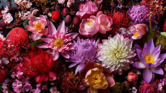 Stunning Display of Vibrant Flowers Including Ratchaphruek, Sakura, Tulip and Lotus for National Floral Aesthetic