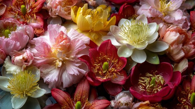 Beautiful Arrangement of National Flowers Including Ratchaphruek, Sakura, Tulip, and Lotus in a Vibrant Display of Colors