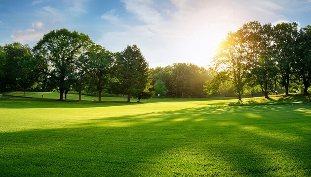 sunny lawn trees surround open green space