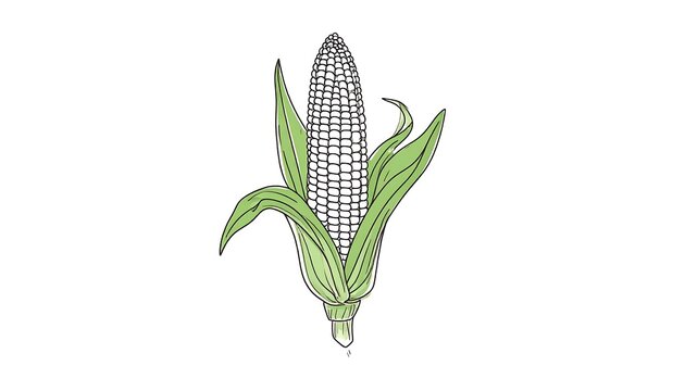 Illustration of an ear of corn. The cobs have tightly packed kernels, the husk is green, drawn with black outlines