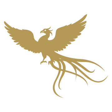 Phoenix Rising Flying Logo Concept, Majestic Gold Mythical Bird Tattoo Design