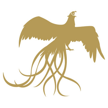 Mythological Simurgh Bird Graphic Element, Golden Fengshuang Fantasy Creature