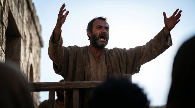 Apostle Peter preaching from balcony to crowd on Jerusalem Street &ndash; early Christian biblical Acts of Apostles sermon
