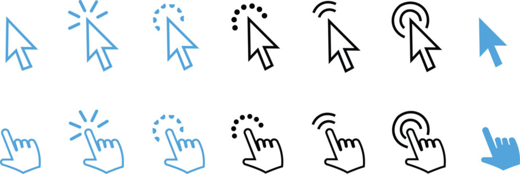 Collection of computer mouse cursor and hand icons in blue and black on white background for web design and user interface elements  various clickable symbols