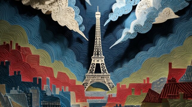 Intricate Art Piece of Eiffel Tower Surrounded by Colorful Parisian Streets with Layered Textures