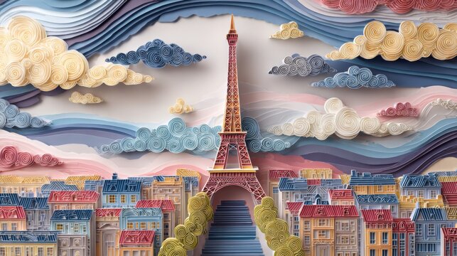 Layered Paper Art of Eiffel Tower Surrounded by Colorful Parisian Streets Amidst Scenic Cloudy Sky