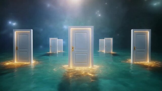 Multiple doors standing on calm water surface under starry sky representing infinite opportunities and choices in this digital animation footage