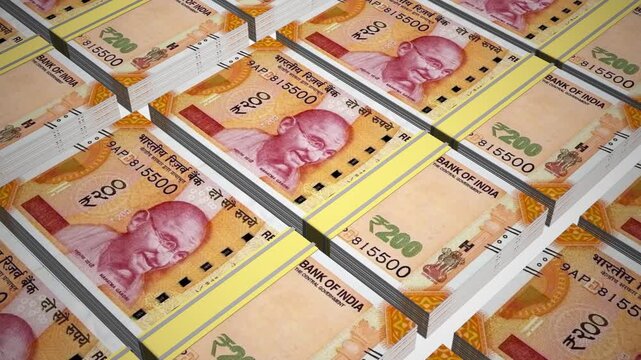 Stacks of 200 INR or Two Hundred Indian Rupees banknotes or currency. Neat Rows of India 200 Rupee Bank note in 3D Motion. 4k Animation.