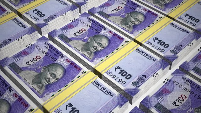 Stacks of 100 INR or One Hundred Indian Rupees banknotes or currency. Neat Rows of India 100 Rupee Bank note in 3D Motion. 4k Animation.