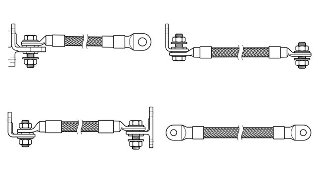 Ground cable automotive electrical component technical drawing blueprint with front side back and side views CAD line art vector illustration