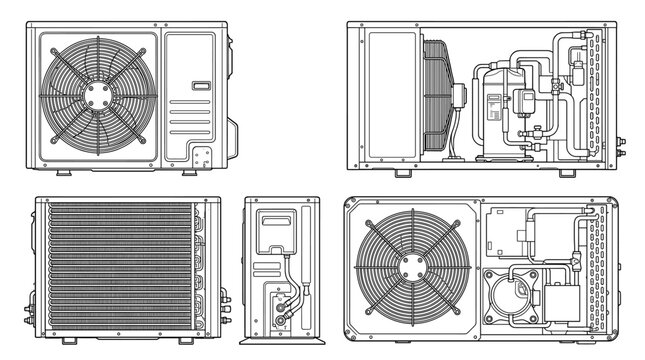 Heat pump HVAC equipment technical drawing blueprint with front side back and side views CAD line art vector illustration