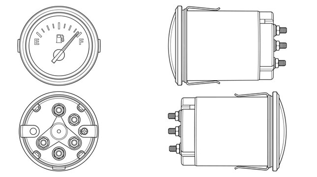 Fuel gauge automotive dashboard component technical drawing blueprint with front side back and side views CAD line art vector illustration
