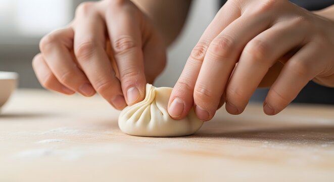 Hands shaping a dumpling on a table.