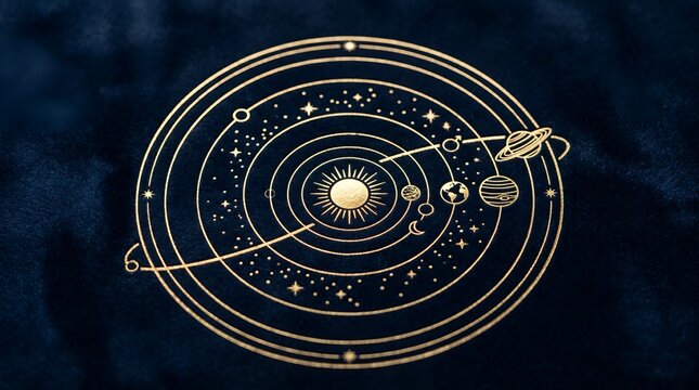 Minimalist Gold Embossed Celestial Map with Solar System Design