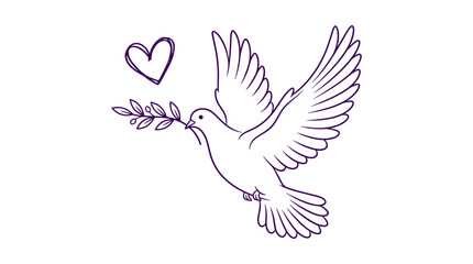 Naklejka premium Elegant minimalist vector illustration of a dove carrying an olive branch surrounded by a heart symbolizing peace