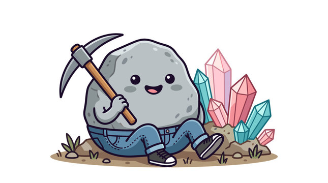 Adorable grey rock character smiling while sitting on ground with pickaxe and colorful crystals in a playful cartoon style