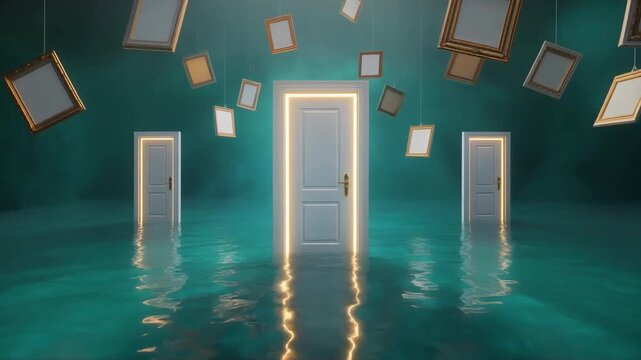 Doors standing in dark water with floating empty picture frames surrounding them in a surreal conceptual digital animation video clip