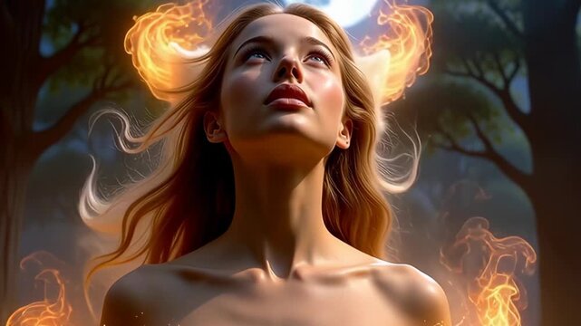Fiery white wolf transforms into woman in magical forest during nighttime
