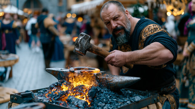 Reenactment farrier hammers a horseshoe on a portable forge anvil at a living history medieval market while costumed guild traders crowd the rain-soaked cobblestone lanes around a recreated town squ