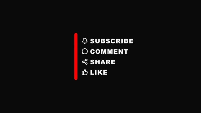 Social media interaction buttons bar with subscribe like comment and share icons emerging on black background for video overlay.