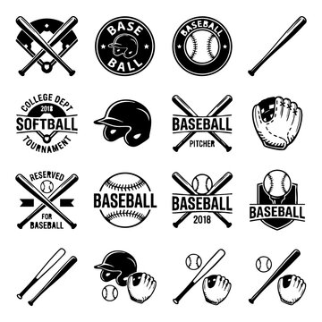 Baseball and softball sport badge collection vector set featuring bats balls helmets and gloves for professional team logos and athletic tournament designs