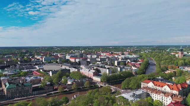 "Aerial Drone Video of Turku City and Aurajoki River with Turku Cathedral at Early Summer &mdash; Southwest Finland"