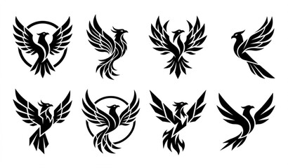 Fototapeta premium Collection of black phoenix bird logos and icons