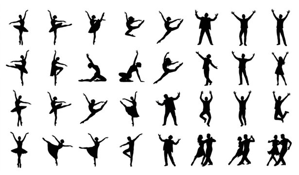 Collection of black silhouettes of people dancing