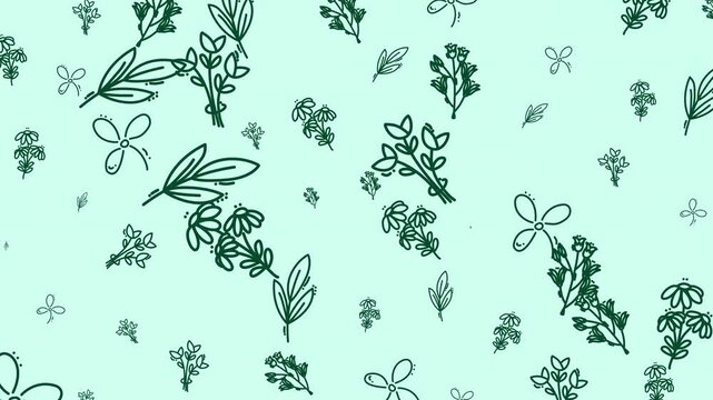 Seamless looping animation featuring hand-drawn floral doodles, leaves, and flower bouquets arranged in a decorative repeating pattern on a soft green background.