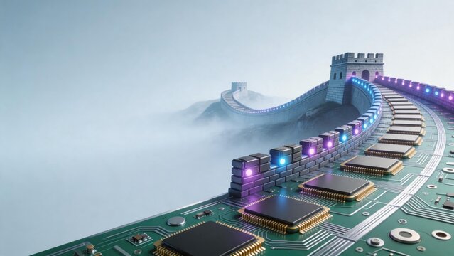 Growth and innovation in business technology as the Great Wall integrates with circuit boards, symbolizing career development and digital transformation for future success.
