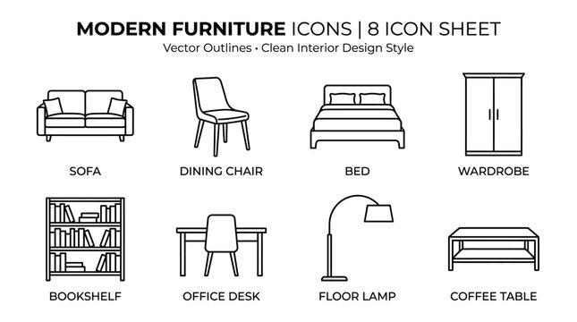 Modern furniture icons in minimalistic style.