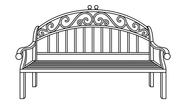 Elegant black vector outline of a decorative garden bench with intricate scrollwork and wooden slats for stylish outdoor spaces