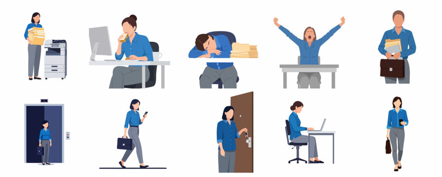 Flat vector illustration set of a businesswoman daily office routine activities isolated on white background