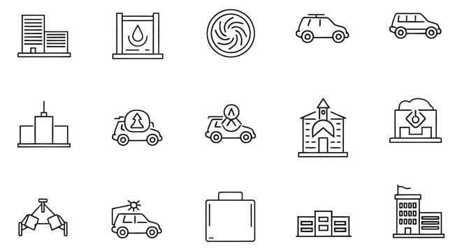 Vector icons of various objects and buildings