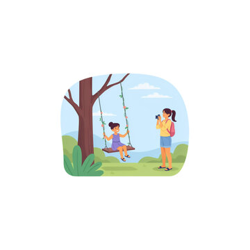 Mother taking photo of daughter on tree swing vector illustration, happy family outdoor summer concept
