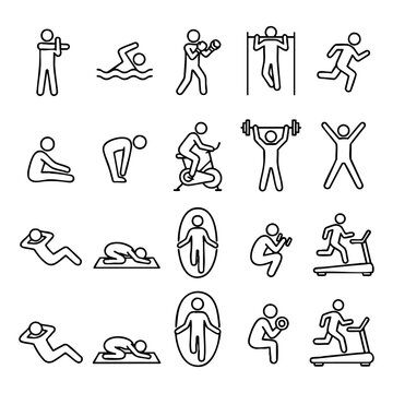 Set of human exercise and fitness silhouette icons showcasing various workout activities for health and wellness apps with exercise training activity lifestyle