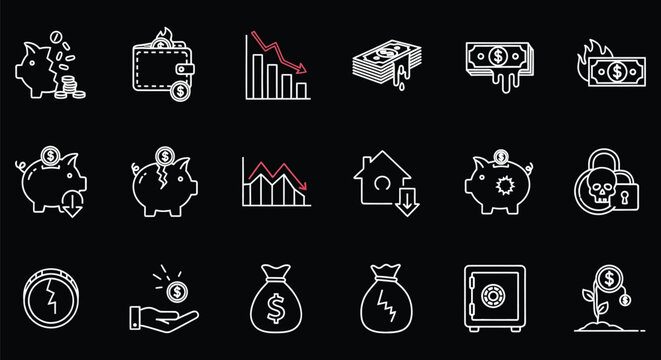 Financial icons set with money and business symbols. Finance icon set in outline style. Collection of finance, money, banking, investment, payment, and business icons. Editable stroke. Vector icon col