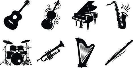 Black and white musical instruments vector icons set featuring guitar violin grand piano saxophone drum kit trumpet harp and flute © Rahen