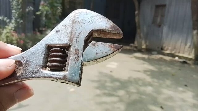 Close-up of a person holding a rusty adjustable wrench, showing the jaw mechanism in detail with a blurry outdoor background