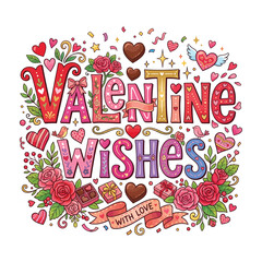 Naklejka premium Colorful Valentine Wishes Illustration Featuring Hearts Flowers and Gifts Design