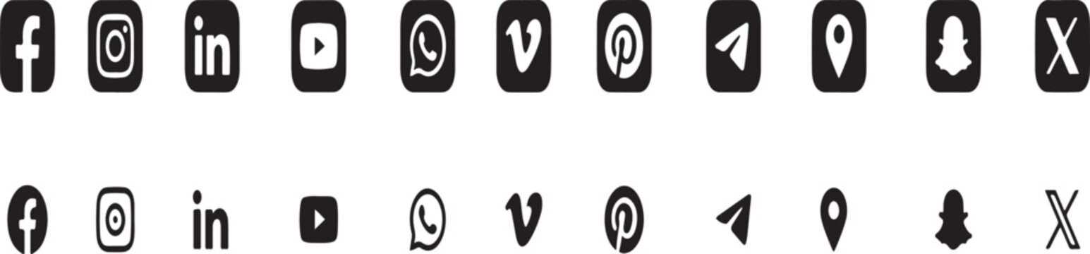 Social media icon collection with popular platforms in sleek dark square design.