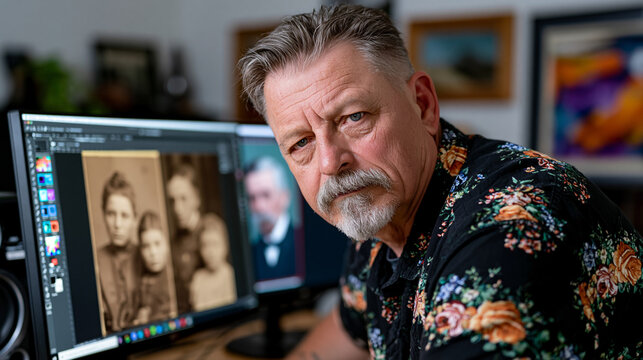 Digital colorization artist peers at dual-monitor workstation where a sepia-toned nineteenth-century immigrant family portrait from a national archive appears in photorealistic natural tones for the
