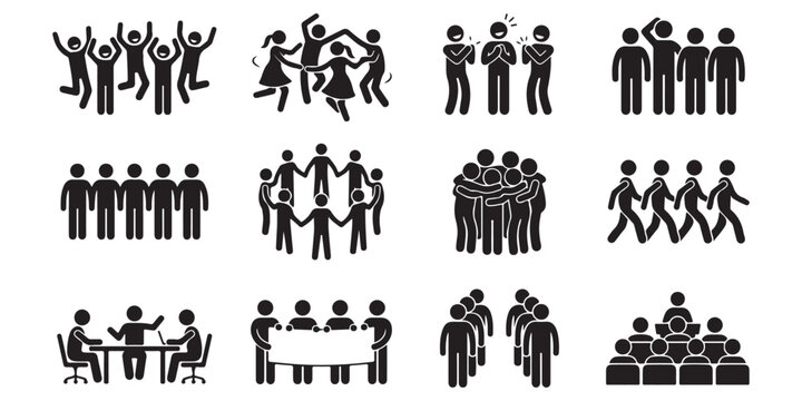 Black people icons set, teamwork and social interaction