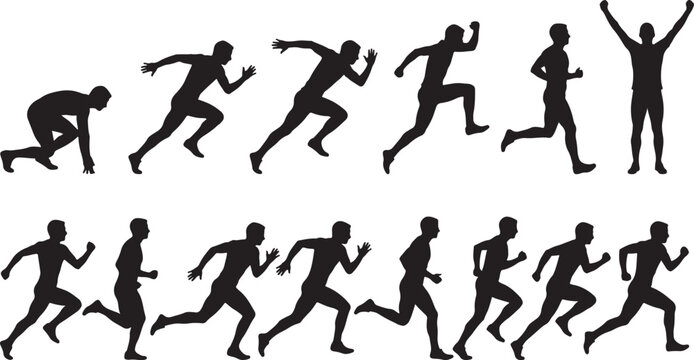 Black silhouettes of running men in various poses